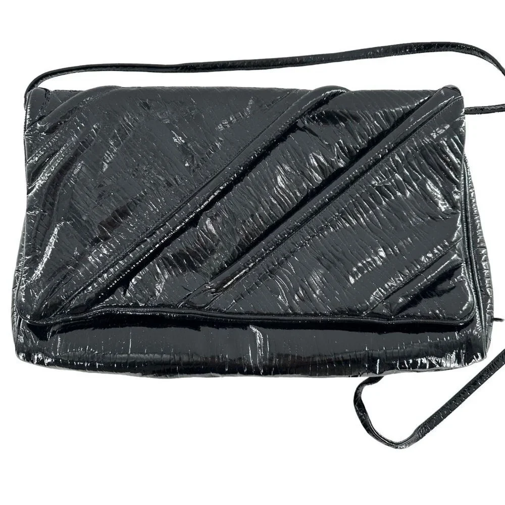 Vtg 80's Robert Bestian Black Patent Faux Leather Clutch Handbag Shoulder Bag